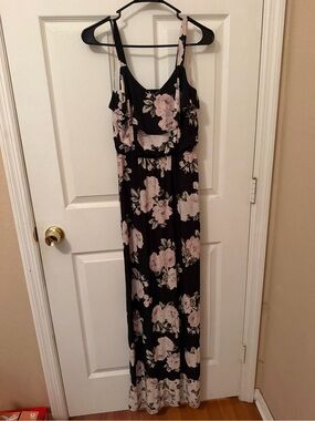 Three Hearts Black Maxi Dress with Pink Floral Print